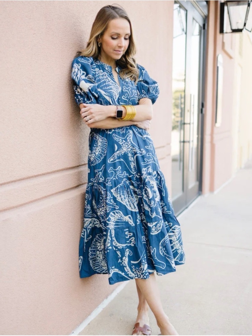 Anthropologie conditions apply puff -sleeve Blue Seashell-Print Midi Dress